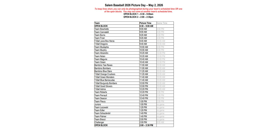 Picture Day Schedule